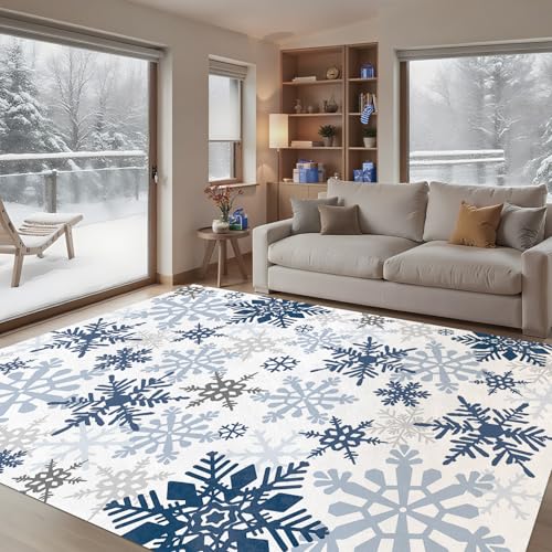 Livcoz Blue Snowflake Washable Area Rug 5x7 Ft - Winter Home Decor, Non-Slip