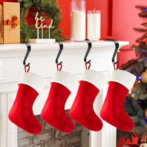 Christmas Stocking Holders for Mantle, Non-Slip & Scratch-Free Stocking Holder Hooks for Fireplace, 4 Pack Lightweight Christmas Stockings Hangers for Mantle Xmas Decor and Home Decorations, Black