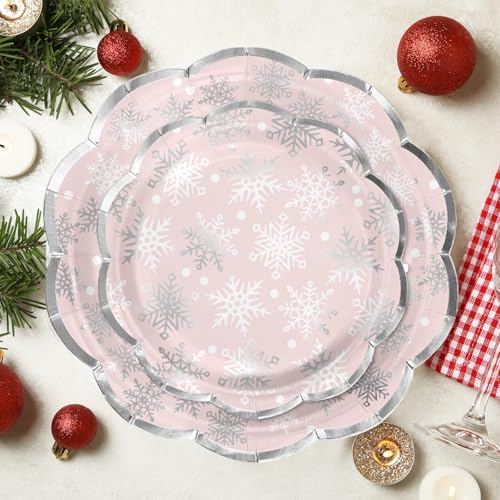 LeZakaa 25Pcs Christmas Paper Plates - Snowflake in Pink Silver Foil Winter Holiday Design Disposable Party Plates Decorative Tableware Supplies Table Decor for Christmas - 7 Inch