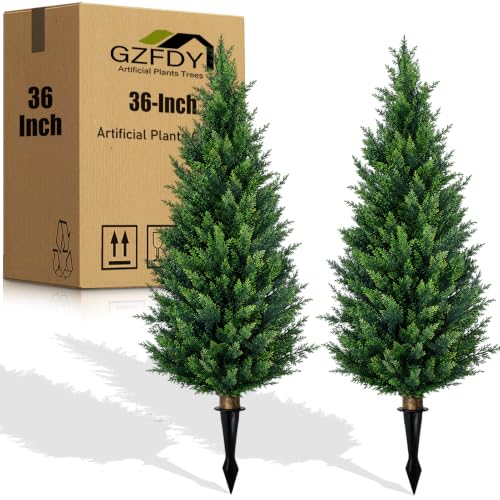 Artificial Cedar Topiary Trees - 3Ft Green Ground Spike Shrubs, 2-Pack, UV Resistant for Indoor & Outdoor Decor - Variation: Green Ground Spike Cedar-2pcs / 3FT