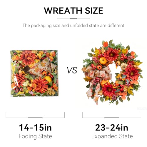 PureCosy Red Fall Wreath for Front Door 24 Inch Autumn Rustic Decor
