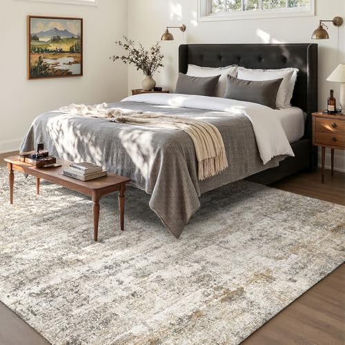 Grey Beige Washable Area Rug 9x12 for Living Room - Vintage Print, Non-Slip