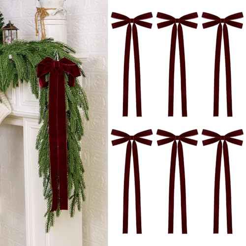 Velvet Christmas Bow Set of 6 Large Premade Rustic Craft Wreath Bows with Long Tail Vintage Xmas Ornaments for Tree Topper, Garland, Fireplace, Stairs, Door Decor, 1" W, 8 X 19 Inch (6, Burgundy)