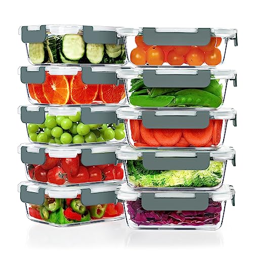 VERONES 10 Pack 22 oz Glass Meal Prep Containers with Grey Lids