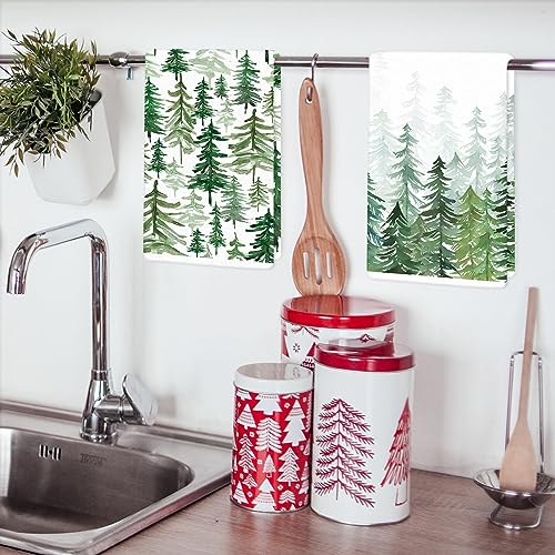 Christmas Kitchen Dish Towels - Watercolor Pine Tree Pattern, 2 Pack, 18 x 28 Inches