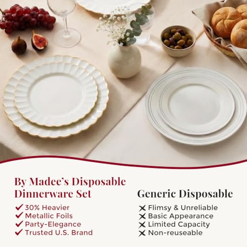 Madee Heavyweight Ivory Gold Scalloped Disposable Plates Set for Party 60 Pc - Variation of Ivory & Gold