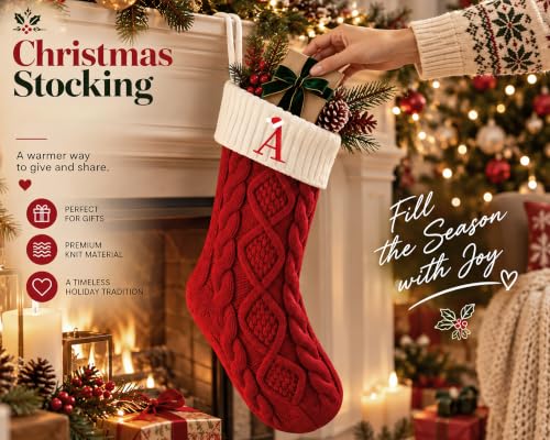 Red Knit Christmas Stocking with Initial H - 18 Inch Fireplace Decor