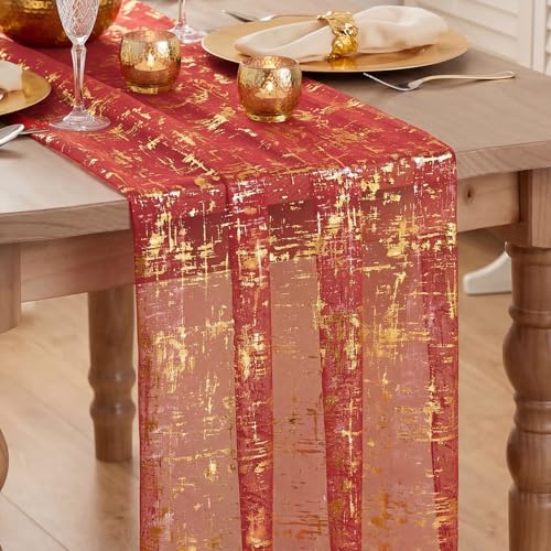 Artoid Mode Red Gold Gauze Table Runner 120in (28x120) Glitter for Christmas & Holidays
