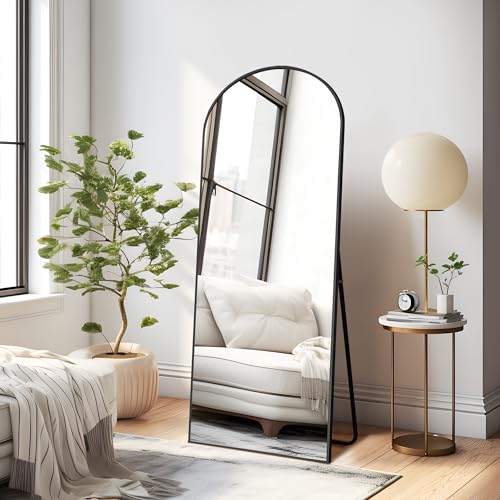 Full Length Arched Floor Mirror with Stand - 56x19 inch Black Aluminum Frame, Freestanding or Wall-Mounted
