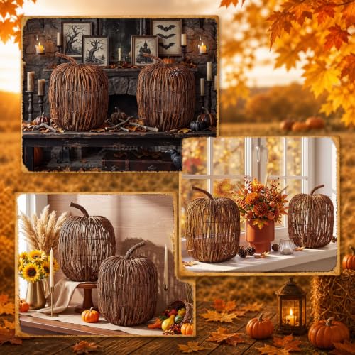 Artificial Wicker Pumpkin Decor Set - 12 x 10 Inches Farmhouse Fall Decor (2 Pieces)