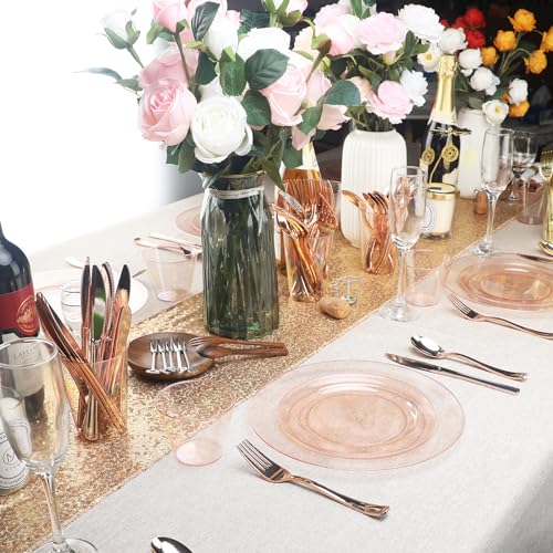 Homy Feel 100PCS Rose Gold Glitter Disposable Plates Set - Dinner & Dessert