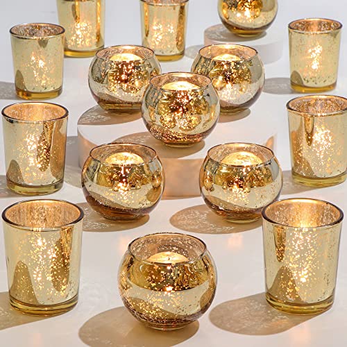 Gold Assorted Votive Candle Holders - 24 Pcs Mercury Glass Tea Light Holders