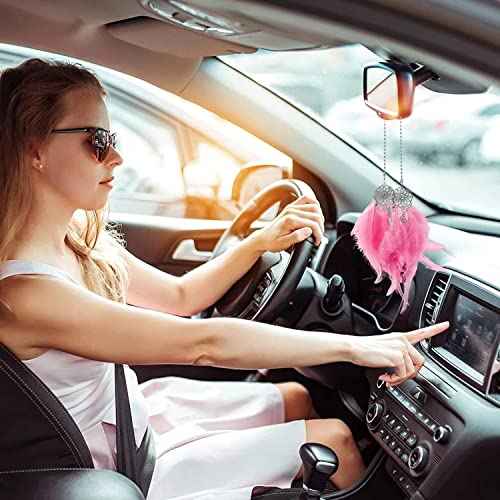 Dream Catcher car Interior Rearview Hanging Decor car Decorations for Women Feather Boho Hanging Decorations(Pink)