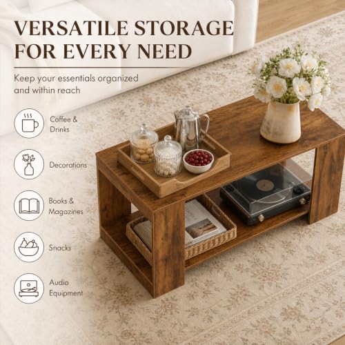 Coffee Table for Living Room - 39-Inch 2-Tier Wood Storage Table - Brown Rectangle Variation