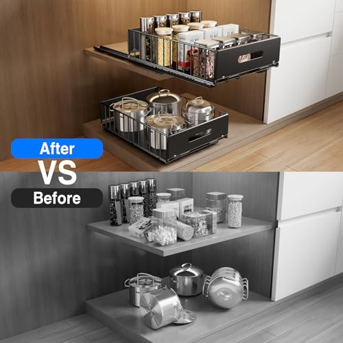 Mustorn 2 Pack Pull Out Cabinet Organizer - Black, Heavy Duty Slide Out Drawers for Kitchen & Pantry, 16.5 x 11.8 x 3.94 Inches