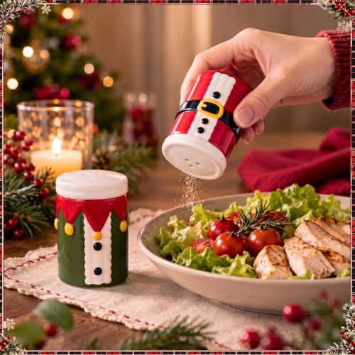 Santa & Elf Salt and Pepper Shaker Set - Christmas Kitchen Decor, Ceramic, 2 Pieces