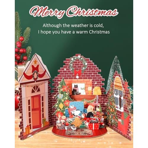 Pop Up 3D Christmas Cards - Cute Cozy Holiday Cats Living Room Xmas Greeting Cards with Envelopes, Festive Themed Gift Card, Christmas Tree and Fireplace Design