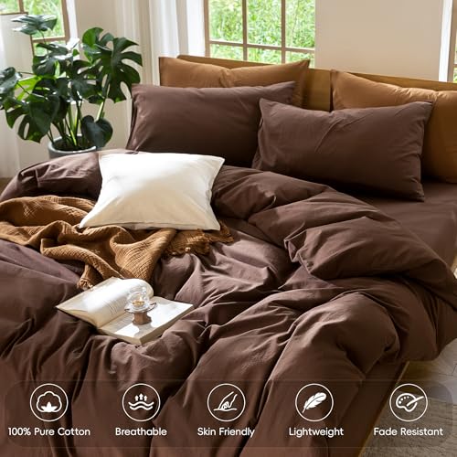 MooMee Duvet Cover Set Queen - 100% Washed Cotton Linen Look Cocoa Brown Variation