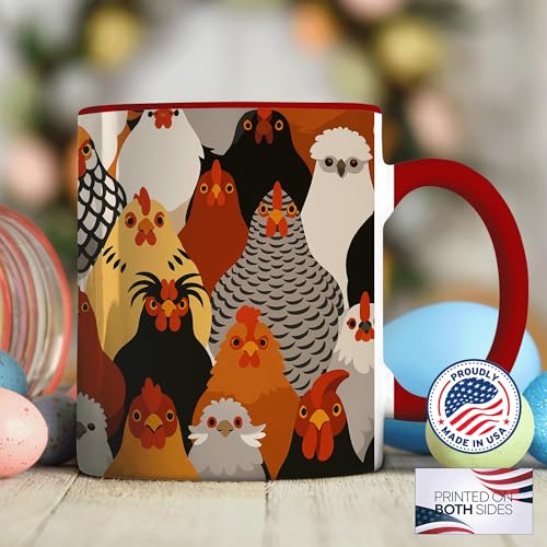 ANOVRA 11oz Funny Chicken Mugs - Ceramic Coffee Cup with Colorful Hen Faces - Farm Animal Gift