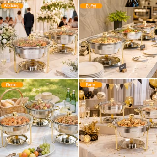 5QT Chafing Dish Buffet Set - Gold Accent, Round Stainless Steel, 4 Pack