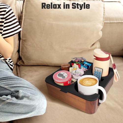 Black Couch Cup Holder Tray with Acacia Wood & Silicone - Snack & Drink Organizer for Sofa - Variation of THIS listing