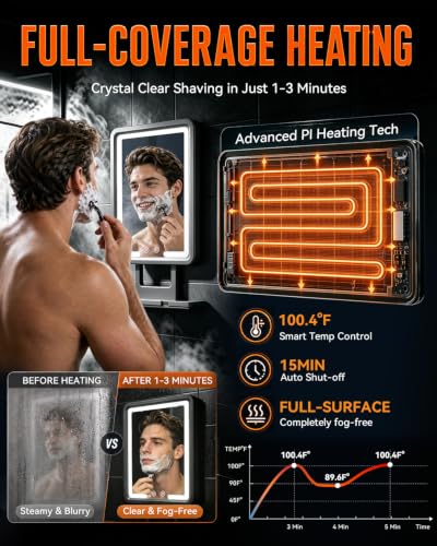 DeLanges Gunmetal Grey Heated Shower Mirror Fogless with Dimmable LED Lights, Rechargeable & 360° Adjustable, All-in-One Shaving Storage