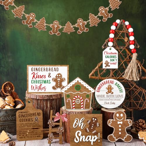 GlikCeil Gingerbread Style Christmas Tiered Tray Decor Set - Rustic Wooden Signs, 20 Pieces