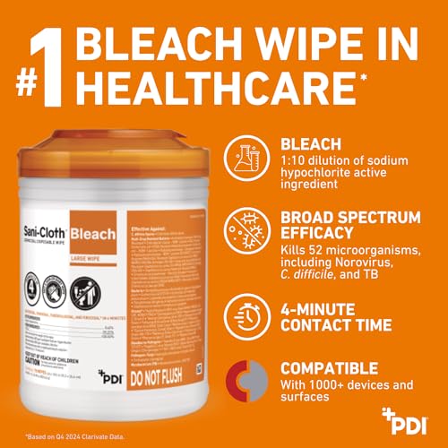 PDI Sani-Cloth Bleach Disinfectant Wipes Bulk Pack - Hospital-Grade Surface Cleaner