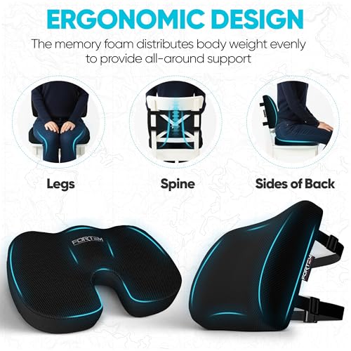 FORTEM Large Black Seat Cushion & Lumbar Support for Office Chair, Car, Wheelchair - Ergonomic Memory Foam