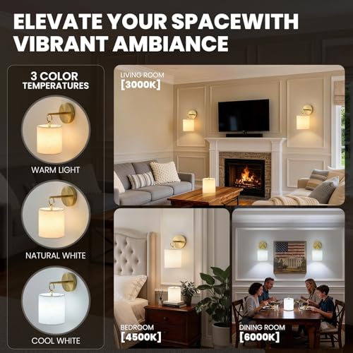 Wireless Battery Operated Wall Sconces Set of 2 - Gold RGB with Remote, Detachable Hooks