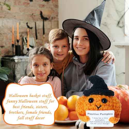 Halloween Positive Pumpkin Emotional Support Crochet Doll Decor Halloween Basket Stuffer for Women Men Funny Handmade Hat Pumpkin Doll Christmas Stocking Stuffers for Girls Boys Party Decoration
