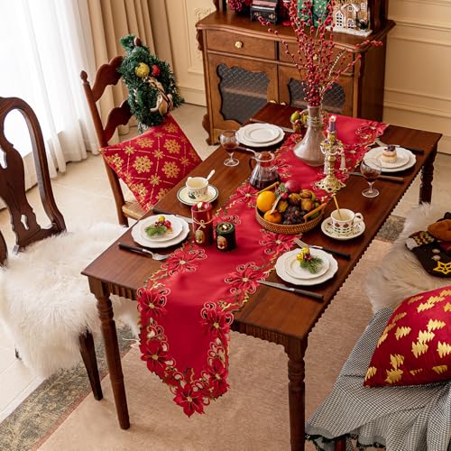 Joyfol Day Christmas Red Embroidered Table Runner 14x86 Inch - Poinsettia Holly Leaves & Acorns Holiday Decor