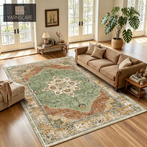 YARNSCAPE 8' x 10' Sage Green & Terracotta Washable Area Rug, Non-Slip Low-Pile Carpet
