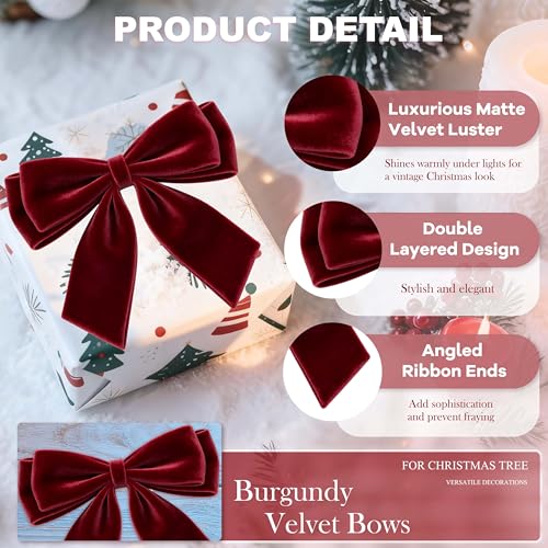 Burgy 12Pcs Burgundy Velvet Christmas Bows 6x6in with Twist Ties - Holiday Decorations