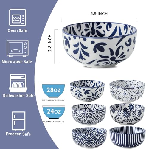 Blue 28oz Ceramic Soup & Cereal Bowls Set of 6 - Bohemian Pattern