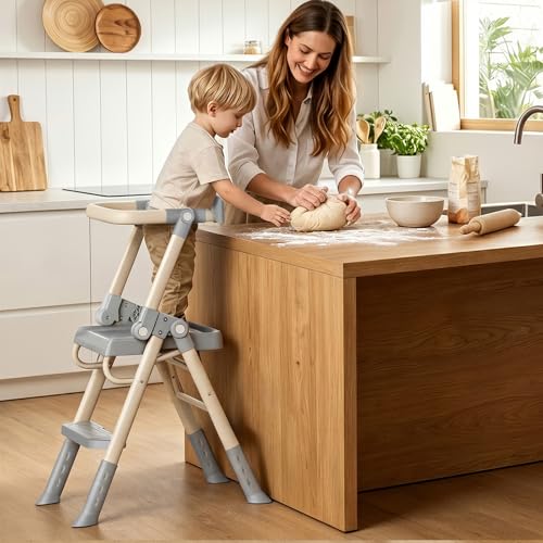 Toddler Step Stool with Safety Rail, Foldable Kids Kitchen Helper, Stable Anti-Drop Structure