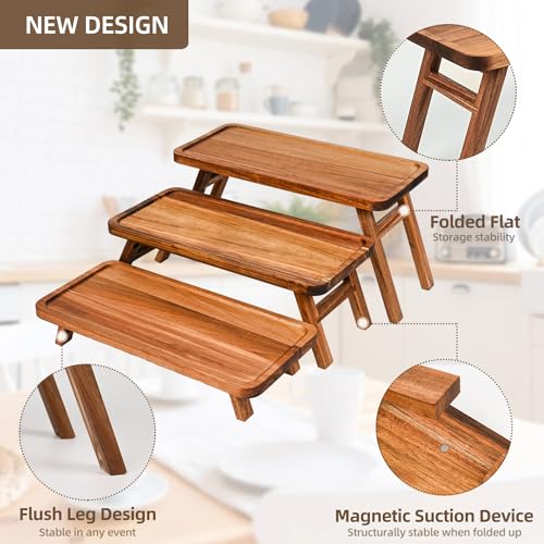 Acacia Brown 3-Tier Serving Tray Set - Foldable Wooden Dessert & Charcuterie Display