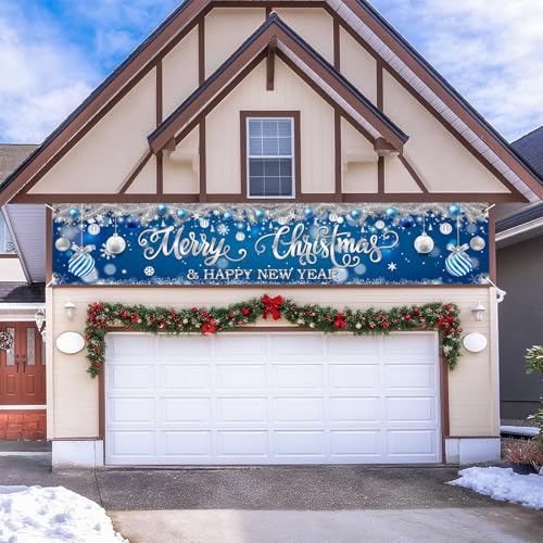 Blue & Silver Merry Christmas Yard Banner 118x24in - Dual Holiday Backdrop