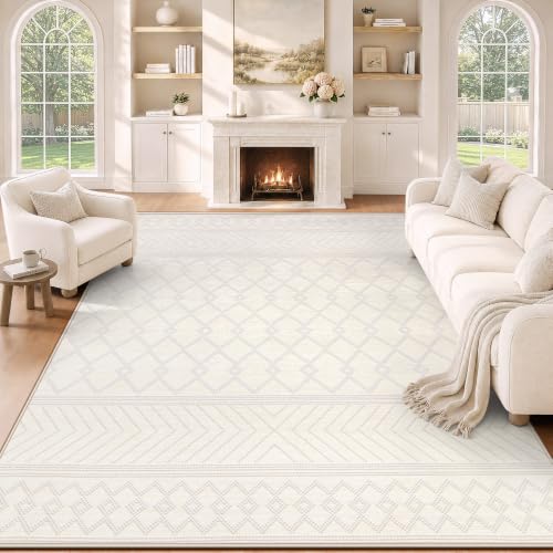 Washable Area Rug 8x10 Beige Moroccan Pattern Non-Slip Living Room Carpet