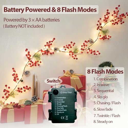 HamiFinee Red Christmas Berry Garland with Lights 6.56FT Indoor Outdoor Decor