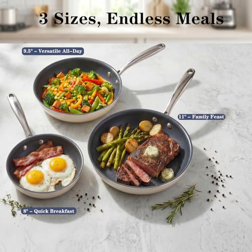 Ceramic Nonstick Frying Pan Set - 3-Piece Skillet Set 8, 9.5, 11 Inch Ash Grey