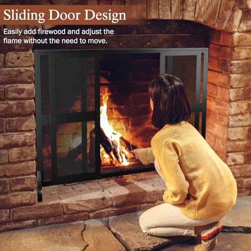 Fireplace Screen with Sliding Doors - Wrought Iron Spark Guard Cover 37.8 x 30.7 inches
