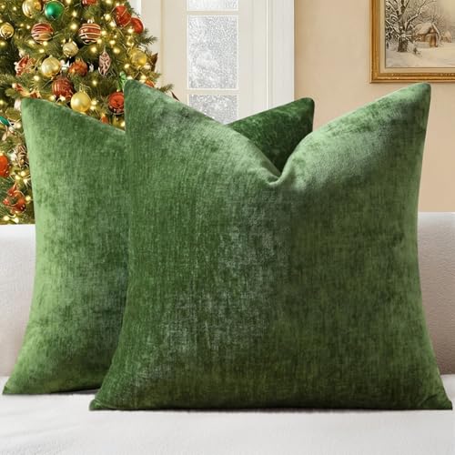 decorUhome Chenille Moss Green Fall Throw Pillow Covers 18x18 Inch Set of 2, Decorative Soft Couch Pillow Covers Solid Dyed Accent Velvet Farmhouse Neutral Square Christmas Pillow Cases for Sofa