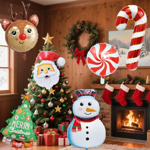 Christmas Foil Balloons Snowman Reindeer Santa Candy Cane Christmas Tree Balloons for Xmas Themed Party Decoration Supplies Winter Birthday Decoration Decor Ballons Arch Kits Party Balloon Set 6pcs