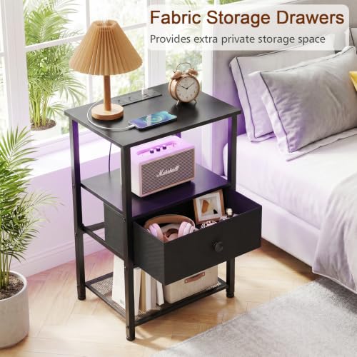 LOAKEKEL Set of 2 Nightstands with Charging Station & RGB LED Lights - Black / LED & Power