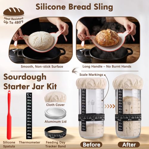Red Sourdough Starter Kit with Banneton Baskets & Tools - 15 Pieces