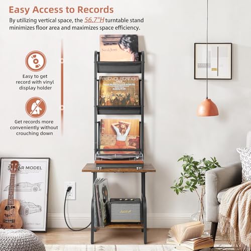Tewinko Record Player Stand with Power Outlet & Vinyl Storage - Black & Brown