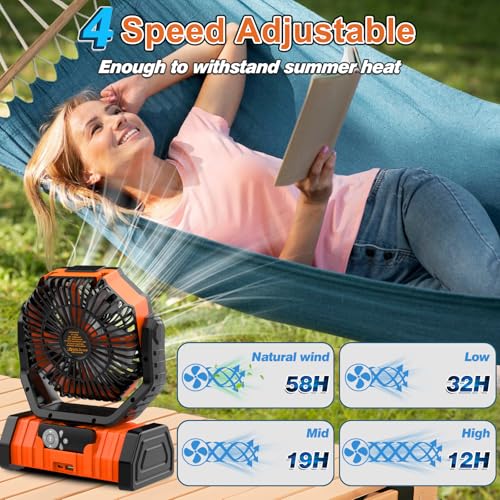 Orange 20000mAh Rechargeable Camping Fan with LED Lantern & Remote Control