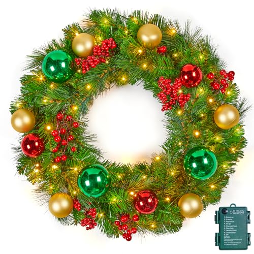 Minetom 24 Inch Pre-Lit Christmas Wreath with 50 LED Warm Lights for Front Door Decor