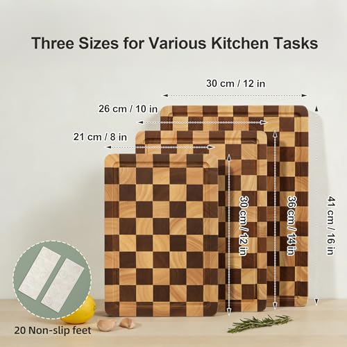 Checkered Cutting Board Set - 3 Sizes with Stand, Juice Groove & Handles
